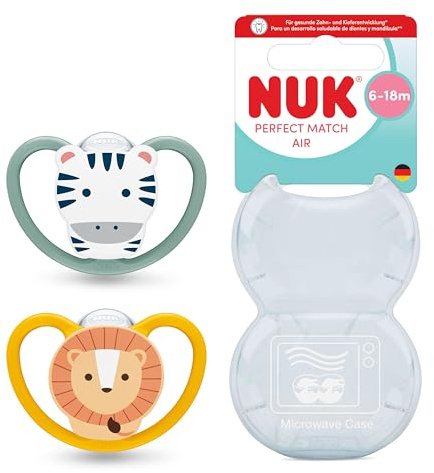NUK Perfect Match Air Baby Schnuller | 6-18 Monate | Orthodontische Schnuller, die Luftzirkulation fördern & Speichel-Ausschlag verhindern | 95 % Baby-Akzeptanz** | Zebra / Löwe | 2 Stück