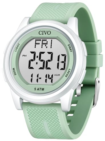CIVO Digital Watches for Women Men: Green Waterproof Silicone Sports Wrist Watch with Stopwatch Alarm Date - LED Back Light Large Face Easy to Read