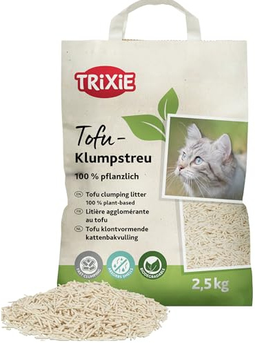 TRIXIE Tofu-Klumpstreu für Katzen, aus Pflanzenfasern – 2,5 kg | Staubarmes, stark klumpendes Katzenstreu aus einem Nebenprodukt der Tofu-Herstellung – bindet Gerüche, sparsam und ergiebig