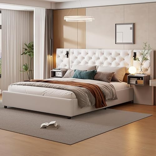 Polsterbett Doppelbett 140x200 mit 2 Nachttischen,Hydraulisch Bett 140x200 mit Bettkasten und Lattenrost,Übergroßes Kopfteil mit LED & USB,Stauraumbett Jugendbett Bettgestell aus holz und Samt