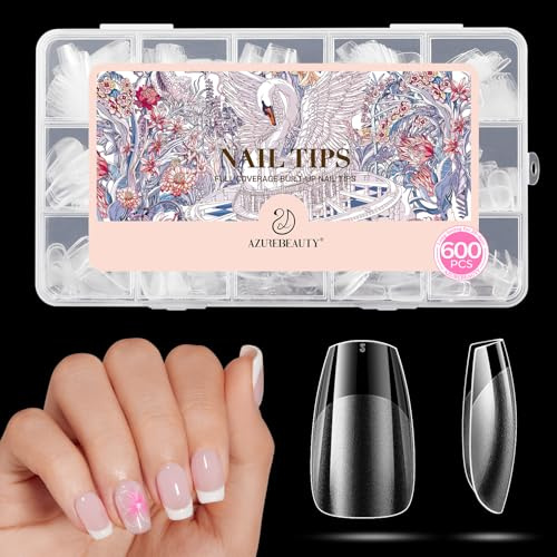 AZUREBEAUTY Extra Short Coffin Nail Tips, 600Pcs Soft Nail Tips for Gel Extensions Half Matte Full Cover Clear Acrylic Gel Kit False Press on Nails Manicure Salon DIY at Home Nail Art 15 Sizes