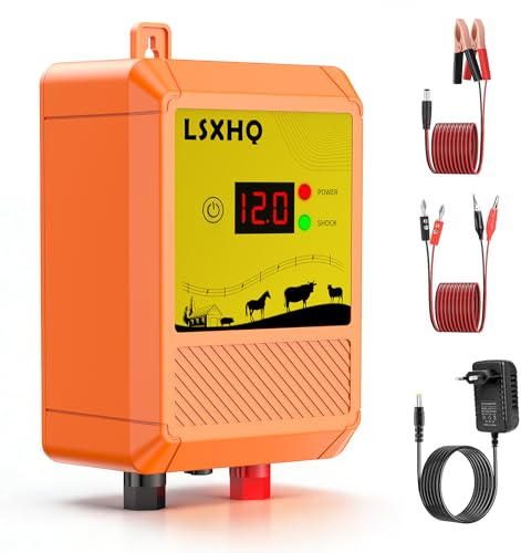 10KM Weidezaungerät für Vieh und Tiere, 12 kV Elektrozaungerät mit LED Anzeige, 2 Joule Elektrischer Weidezaun, Schutz für Pferde, Schafe, Hunde, Garten, Weiden und Bauernhof (Orange)