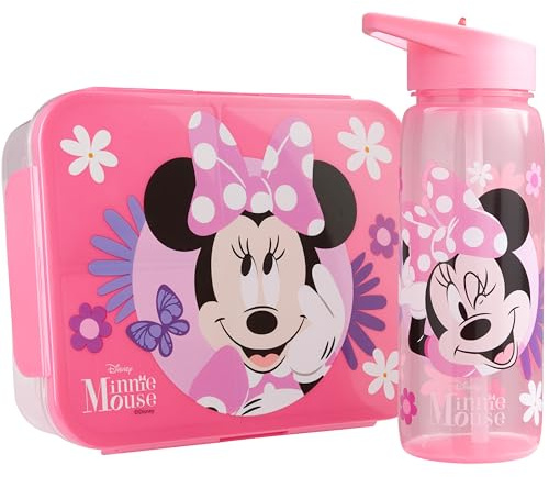 Get Trend Disney Minnie Mouse Brotdose Kinder & 640ml Trinkflasche Set, 1,75L Snackbox mit Fächern, Spülmaschinenfest & Mikrowellengeeignet BPA Frei Bento Lunchbox Schule & Freizeit (Rosa Minnie)