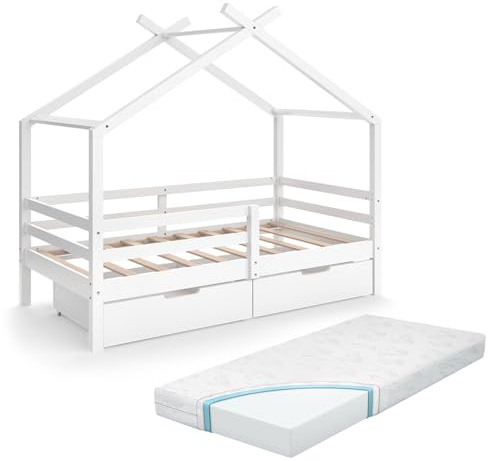 VitaliSpa Hausbett Luni, Weiß, 160 x 80 cm mit Aufbewahrungskästen und Matratze, wie EIN kleines Zuhause – für eine warme Atmosphäre