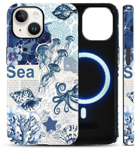 Summer Ocean Phone Case for iPhone 14/iPhone 13 6.1, Blue Aesthetic Colorful Turtle Sea Shell Pattern Phone Cover Hard PC Shockproof Soft TPU 2 in 1 Drop Resistant Glossy Compatible with MagSafe