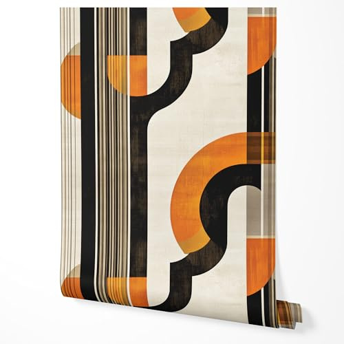 GP TONER Vliestapete Abstrakt Geometrisch Retro Design mit Streifen und Kreisen in Orange Schwarz Beige Tapete Küche Wohnzimmer Flur Schlafzimmer UV-beständige Tapete 5m x 0,5m