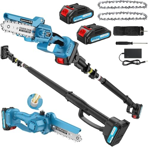 Mini motosierra con varilla telescópica, motosierra telescópica sin escobillas 2 en 1 de 6 pulgadas con 2 baterías de 2000 mAh, varilla telescópica de 1,6 m-2,8 m, hasta 5 m de altura de corte, para t