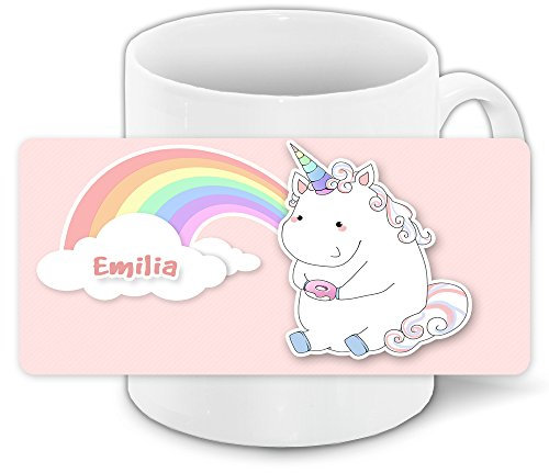 Tasse mit Namen Emilia und süßem Motiv - Einhorn mit Donut und Regenbogen - für Mädchen | Motiv-Tasse | Namenstasse