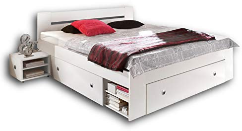 Stella Trading STEFAN Doppelbett Bettanlage 140 x 200 cm mit 2x Nachtkommoden - Schlafzimmer Komplett-Set in weiß - 145 x 86 x 204 cm (B/H/T)