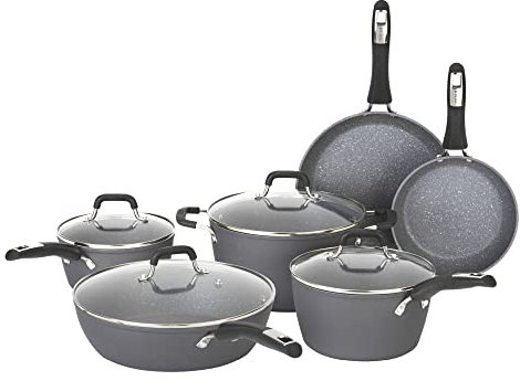 Bialetti Impact - Set di pentole antiaderenti, 10 pezzi, per forno, grigie, in alluminio testurizzato, superficie antiaderente con nanotec, comodi manici in silicone, adatti al forno