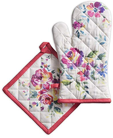Maison d' Hermine Rose Garden Ensemble de Gants de Four de (19cm x 33cm) et maniques de (20cm x 20cm), 100% Coton, pour Barbecue, Cuisson, Four, Micro-Ondes, grillades, Printemps/été, Pâques