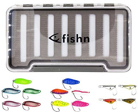 FISHN 14x Trout Spoons & 1x Blinkerbox - Set, bestehend aus 14 Kunstköder und Einer Köderbox, Forellenköder, Forellenspoon, Forellenblinker zum Angeln - perfekt zum Spinnfischen (15-teilig)