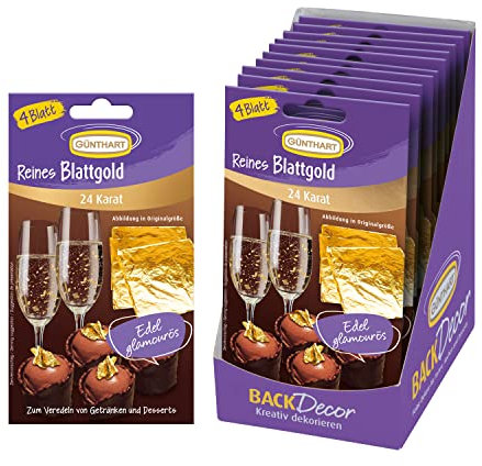 Günthart BackDecor reines Blattgold | VKE 10 x 4 Blatt | 10 Packungen mit jeweils 4 Blattgold Blättern | Dekoration für Pralinen, Süßspeisen und Getränke wie zum Beispiel Sekt