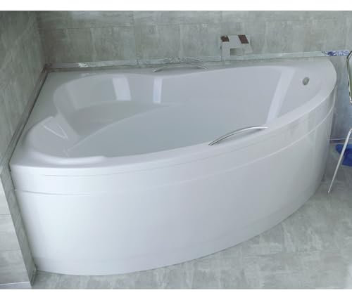 ECOLAM® Badewanne Eckbadewanne Acryl Ada weiß 140x90 cm LINKS + Schürze + 2 x Handgriff Ablaufgarnitur Ab- und Überlauf Automatik Füße Silikon Komplett-Set