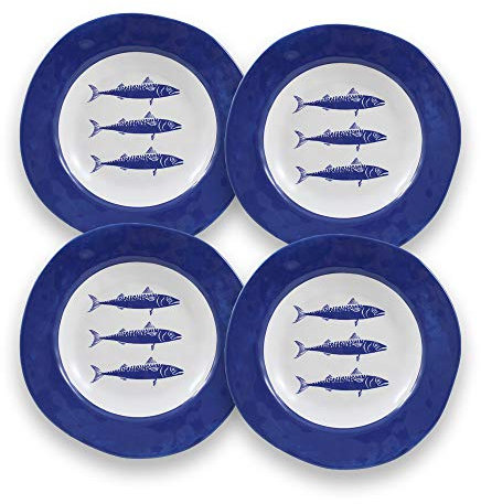 CARTAFFINI SRL Piatto Fondo, Decoro Blue Fish, in melamina - Ø 23,2 cm, H 3,8 cm - Set 4 Piatti - Colore: Blu/Bianco