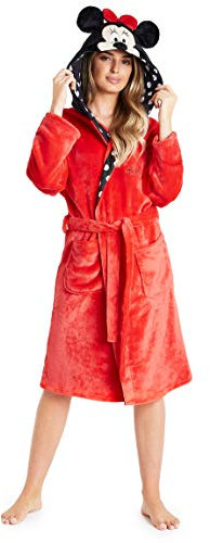 Disney Ladies Dressing Gown, Minnie Mouse Fleece Hooded Robe, Gifts for Women (Red, L)