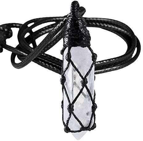 TUMBEELLUWA Hexagonal Crystal Points Pendant Necklace for Unisex Wrapped Stone Wand Pendant with Adjustable Cord, Stone, rock crystal stone