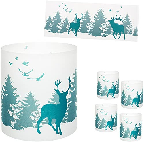 alles-meine.de GmbH 5 Stück - kleine Tischlichter Motiv frei wählbar Elch/Hirsch im Wald - Winter 10 cm - Licht - für Teelichter/Batterie LED Lichter & Kerzen - Windlic..