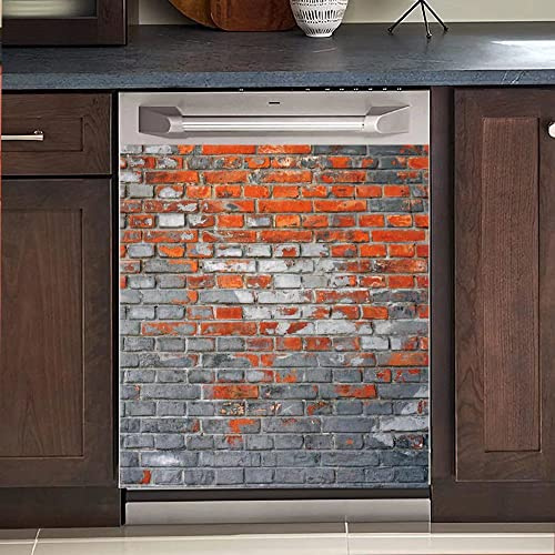 Brick Wall Ddishwasher Magnet Cover Decal, Art Wall Dishwasher Sticker Refrigerator Panels Decal, Appliances Vinyl Decal, Brick Wall Red, (Reusable, Magnetic 23 W x 26 H )