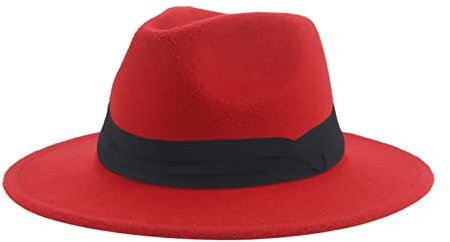 QBQZXAOSOWH Fedora Trilby Hüte Für Damen Fedoras Hüte Classic Panama Herren Breite Krempe Filzhut Kirche Hochzeit Filzband 59-61Cm(XL) Rot-Schwarz