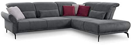 CAVADORE Ecksofa Cooper / Luftige Eckcouch mit Ottomane rechts, Armteilverstellung, Kopfteilverstellung und Sitztiefenverstellung / 294 x 88 x 242 / Cord, Dunkelgrau