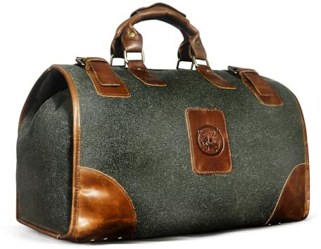 Wasserabweisend Canvas Crazy Horse Leder Reisetasche 35L Trim Unisex Handgepäck Weekender Tasche Sporttasche für Reise Wochenende Urlaub FB8151 (Grün)