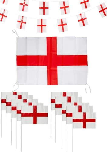 World Cup Decorations 2022, Includes 1x England Flag, 1x 20ft England Bunting And 10Pcs England Hand Flags Suitable For England Football Parties, Bars, St Georges Day, Festival, World Cup 2022