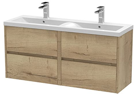 Hudson Reed HAV804F Havana Modern Bathroom Wall Hung 4 Drawer Vanity Basin Unit & Double Ceramic Basin, 1200mm, Woodgrain Autumn Oak