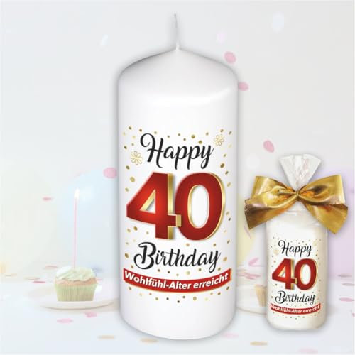 Stumpenkerze - Geburtstagskerze zum 40. Geburtstag, Happy Birthday - Für Dich | Motive auf Tattoofolie | Geschenkfolie und goldener Schleife | Kerze mit Geburtstagszahl Zahl in Geschenkverpackung…