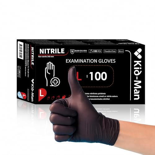 Kid-Man Nitrilhandschuhe L - Schwarz, 100 Stück Einweghandschuhe, Puderfrei & Latexfrei, Hautfreundliche Einmalhandschuhe für Werkstatt, Küche, Tattoo, Medizin & Reinigung