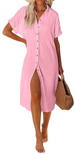 UMIPUBO Women Beach Cover Ups Casual Short Sleeve Beachwear Swimsuit Bikini Cover-Up Button Down Side Split Long Kimonos Bathing Suit Cardigans Beach Dress (Pink, S)