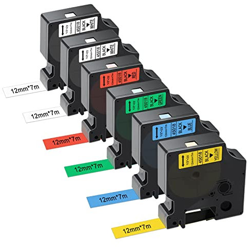 6 Stück kompatibel mit Dymo D1 Etikettenband, 12 mm x 7 m für Dymo Labelmanager PNP/160/210D/280/350/420P/450D/500TS Etikettendrucker, D1 45013 45016 45017 45018 45019 Schwarz/Weiß/Blau/Rot Gelb/Grün