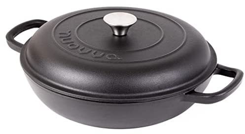 Shallow Cast Iron Casserole with Lid – Non Stick Dutch Oven Pot, Oven Safe up to 500° F – Sturdy Ovenproof Stockpot Cookware – Enamelled Cooking Pot – Black, 3.7-Quart, 30cm – by Nuovva
