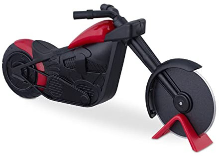 Relaxdays Coupe-Pizza en Forme de Moto, avec Support, Acier Inoxydable, H x L x P : 9 x 21,5 x 4,5 cm, Noir et Rouge