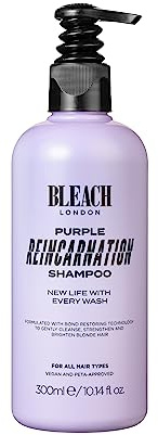 Bleach London Reincarnation Lila-Shampoo, Farbkorrektur-Shampoo Für Blond Haar, Stärkt, Hilft Haarbonds Zu Reparieren Und Neutralisiert Goldene Gelbtöne Mit Creatin Und Aminosäuren 300ml