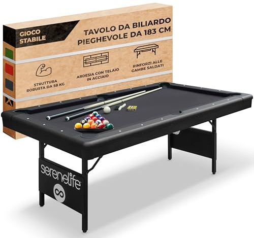 SereneLife 6-Fuß Klapp-Pooltisch – Tragbarer Billardtisch – Inklusive 2 Queues, vollständigem Ballset, Kreide, Bürste – Klappbarer Pooltisch für Kinder und Erwachsene