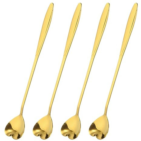 uxcell 4Pcs Stainless Steel Flower Spoon 7 Inch Long Handle Heart Teaspoon Ice Cream Spoon Coffee Spoons for Cocktail Stirring Mixing, Gold