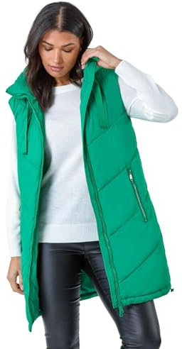 Roman Originals Quilted Gilet with Hood For Women UK Ladies Sleeveless Coat Hooded Jacket Padded Bodywarmer Winter Lightweight Warm Autumn Funnel Neck Longline Soft Bubbly - Green - Size 14