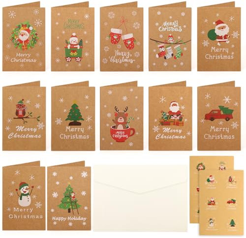 XIANGLONGY 26 Set da Pezzi Biglietti Auguri Natale, 12 Fantasie Diverse Biglietti di Natale, Biglietti Natalizi, Biglietti Natale con Busta, 12 Cartoline + 12 Buste + 2 Piccoli Adesivi.