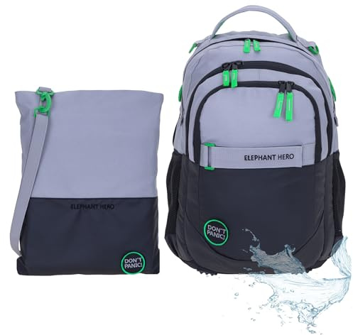 Elephant 2tlg. Set Schulrucksack Hero 13047 CB Grau Grün + Turnbeutel | Signature Mädchen Jungen Rucksack Schule Tasche Laptopfach Attach Bag