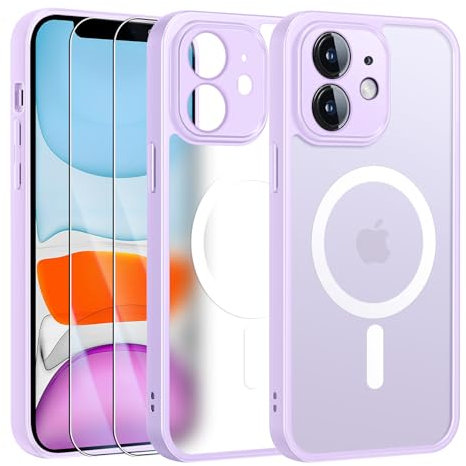 FLLAO Magnétique Coque pour iPhone 11 avec 2 Verre Trempé, Compatible avec MagSafe, Protection d'objectif Tout Compris, Etui Translucide Mat Arrière Housse Fine Antichoc Case, Violet Clair