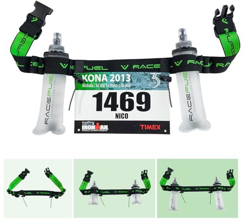 RaceFuel Triathlon Startnummernband Laufgurt mit Tasche für Handy mit Nummernhalter & 6 Halter Softflask oder Gel für Joggen Radfahren Marathons (Ohne Tasche + 2x250ml Flask)