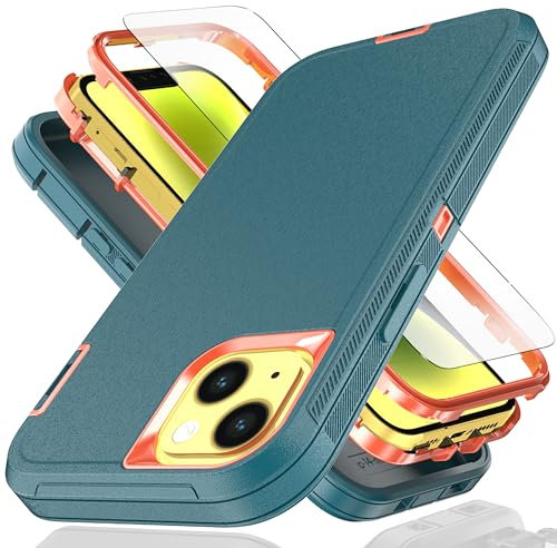 YmhxcY for iPhone 14 Plus/15 Plus Case, 6.7-Inch with Explosion-Proof Screen Protector, 3 in 1 Shockproof TPU Hard PC Bumper Drop-Proof Shell - Blue/Orange