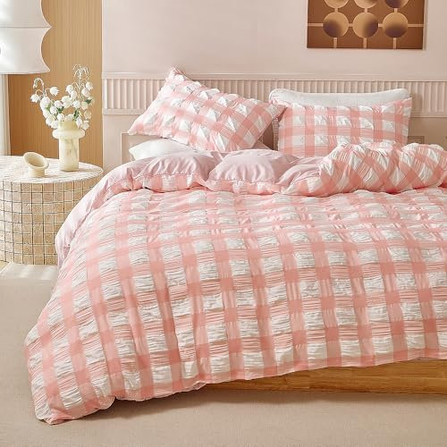 Nyescasa Seersucker Bettwäsche 155x220 2 Teilig Rosa Kariert Bettwäsche-Set Geprägt Streifen Strukturiert Wendebettwäsche Weiche Mikrofaser Modern Bettbezug mit Reißverschluss und Kissenbezug 80x80cm