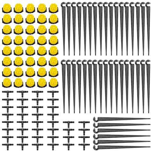 VooGenzek 120 Piezas 4/7mm Kit de Riego por Goteo Automátic, 40 Goteros de Riego Ajustables de 8 Agujeros + 40 Tee Conectores + 40 Estaca Microtubo Piqueta, para Manguera de 4/7mm, Amarillo