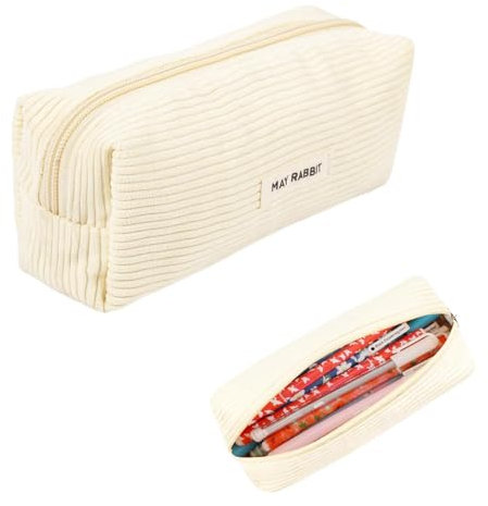 YALiya Mäppchen Cord-Stoff, Federmäppchen Tragbare, Aufbewahrungstasche Federmäppchen mit Großem, Fassungsvermögen Pencil Case mit praktischem Reißverschluss,für Schule,Zuhause und Büro(Milchweiß)