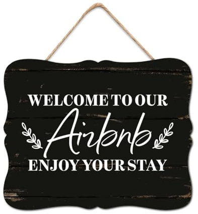 Welcome to Our Airbnb - Targa da parete classica in legno con scritta Enjoy Your Stay Family, decorazione da parete in legno, per interni, vacanze, casa, aula e ufficio, 20,3 x 25,4 cm
