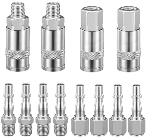 12 Pcs Air Line Connectors Compressor - 1/4 BSP Airline Hose Compressor Fittings Hose Pipe Connector Couplings Connector Plug Kit Air Line Connectors Fittings with Male Female Thread