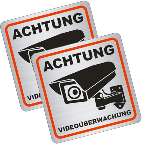 2 x Brandengel® ACHTUNG Videoüberwachung Aufkleber - Schild Edelstahl Optik extra Starke Folie selbstklebend 15 x 15 cm - Sticker (ACHTUNG videoüberwachung) - 2 St