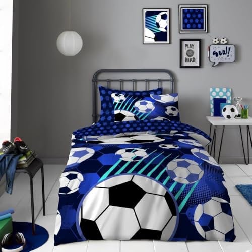 GC GAVENO CAVAILIA Football Duvet Cover Set (135 x 200 cm) - Reversible Geomtric Bedding Sets With Pillowcase - Polycotton Quilt Cover Single Bed - Soft Comforter Covers - Blue